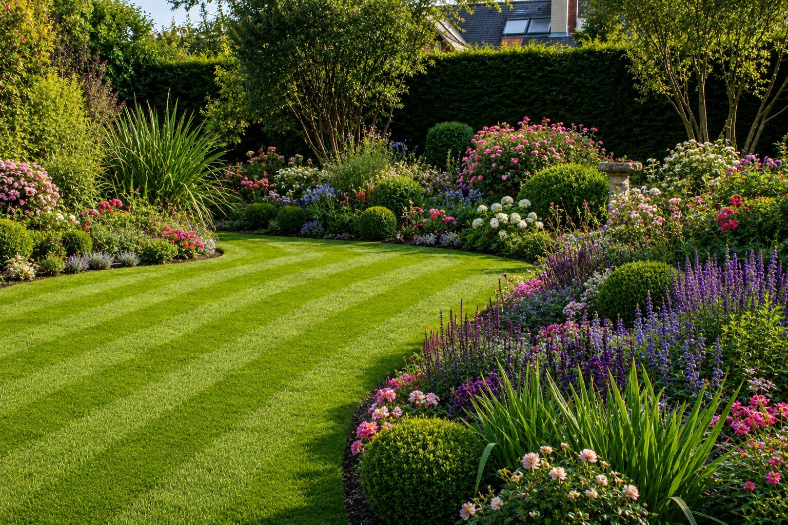 Jardin après coaching — pelouse dense, verte, massifs fleuris parfaitement entretenus